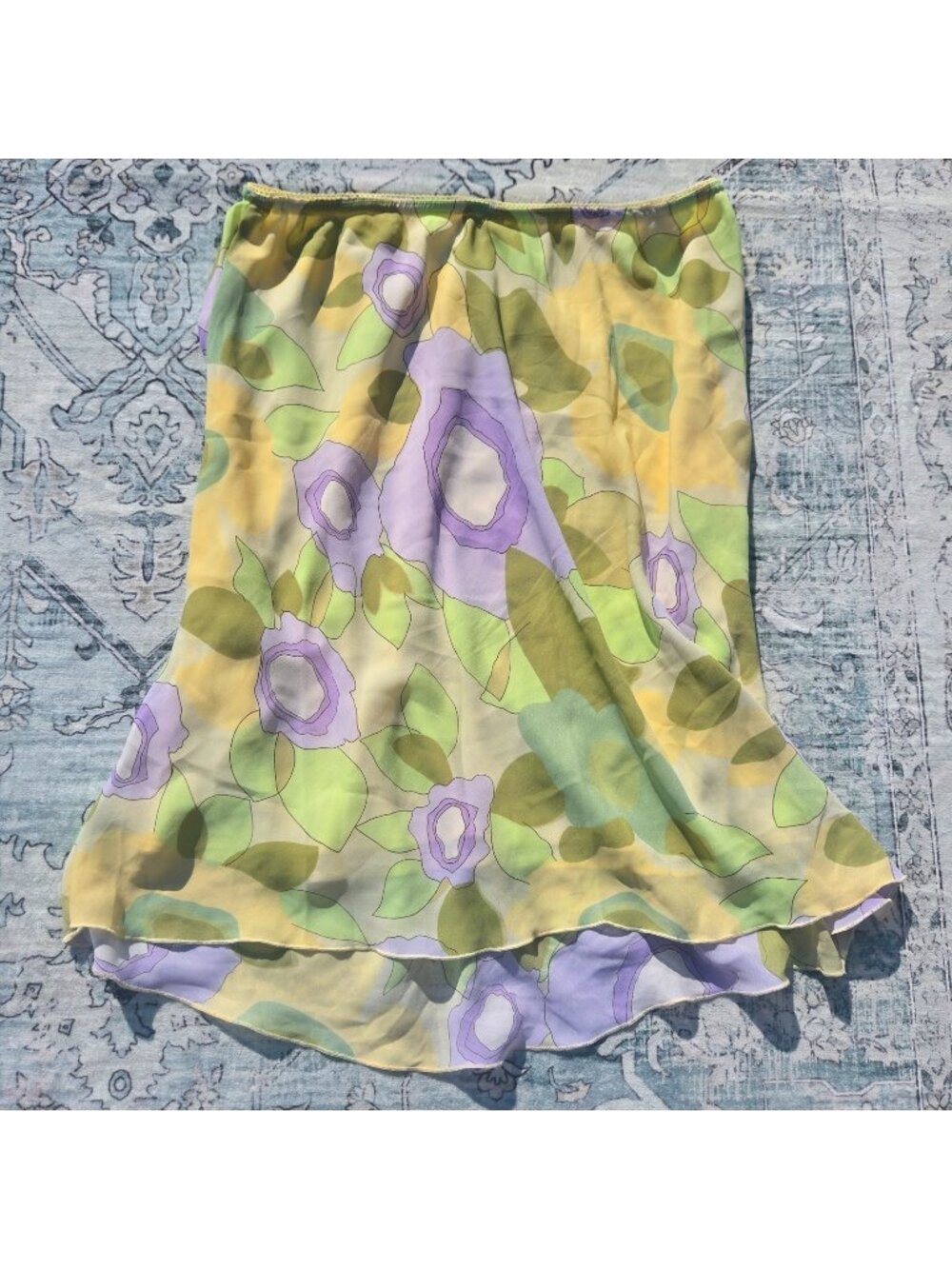 Vintage 90s Y2K Floral Chiffon Slip Skirt Size XL Pastel Abstract Print Fairy